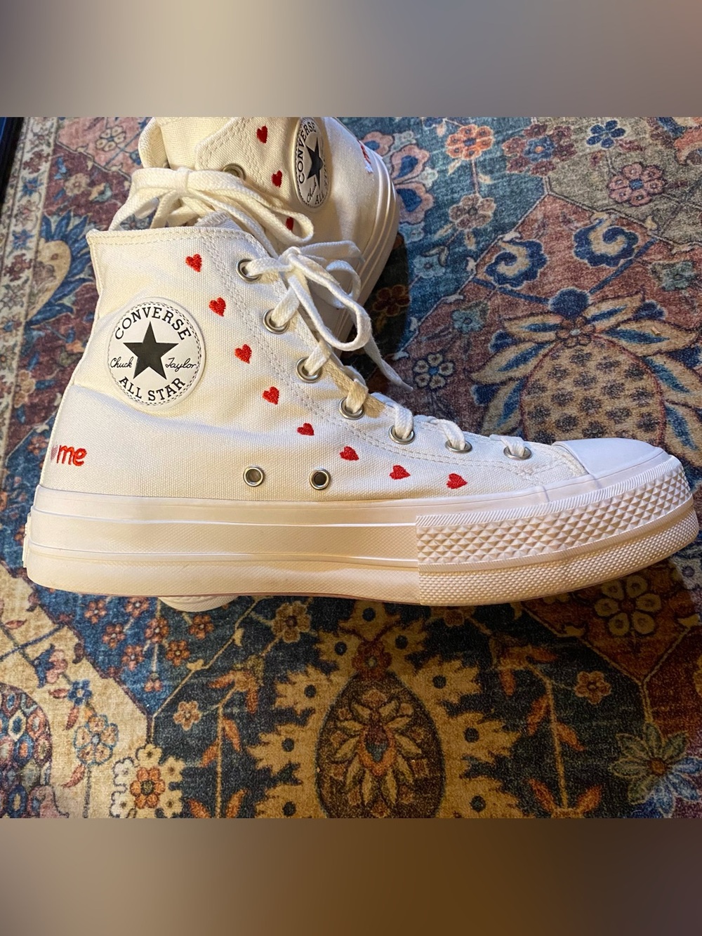 LOVE ME Converse White High-Top Sneakers with Red Embroidered Detail